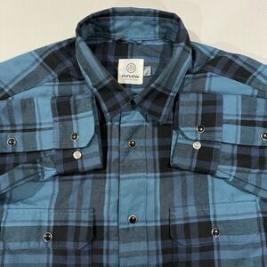 Flylow Shirt Men Large Blue Flannel Plaid Pearl Snap Flap Pockets Outdoor Logo